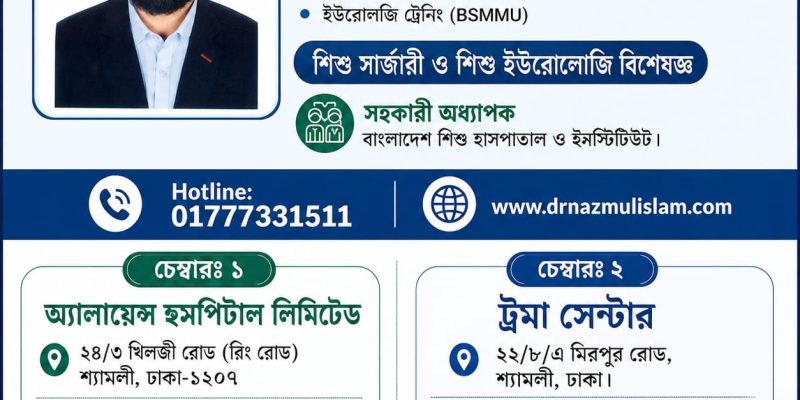 ডাঃ এস এম নাজমুল ইসলাম শিশু সার্জন ও শিশু ইউরোলজিস্ট, ঢাকা – চেম্বার সময় ও যোগাযোগ তথ্যসহ